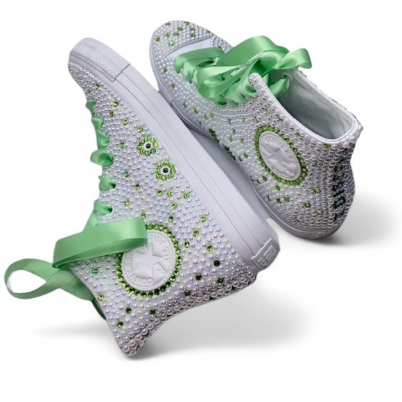 Peridot Green Crystal Diamond & Pearls High Top Converse Sizes 5-14 New - Picture 3 of 15